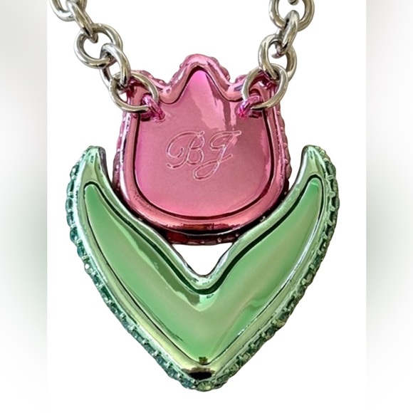 Betsey Johnson NWT Fun Pink & Green Rhinestone Tulip Silver Tone Necklace (J155) - Picture 4 of 8